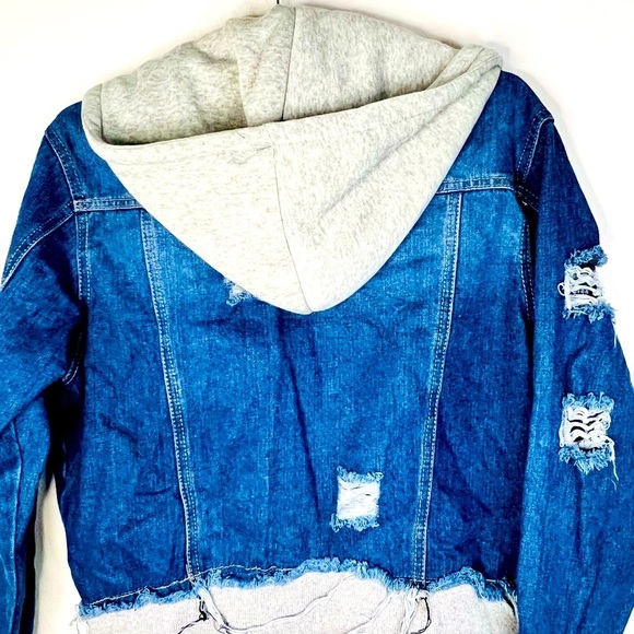 Thrill Jeans Chic Distressed Contrast Hooded Denim Jacket Pockets Size Medium - Picture 8 of 8